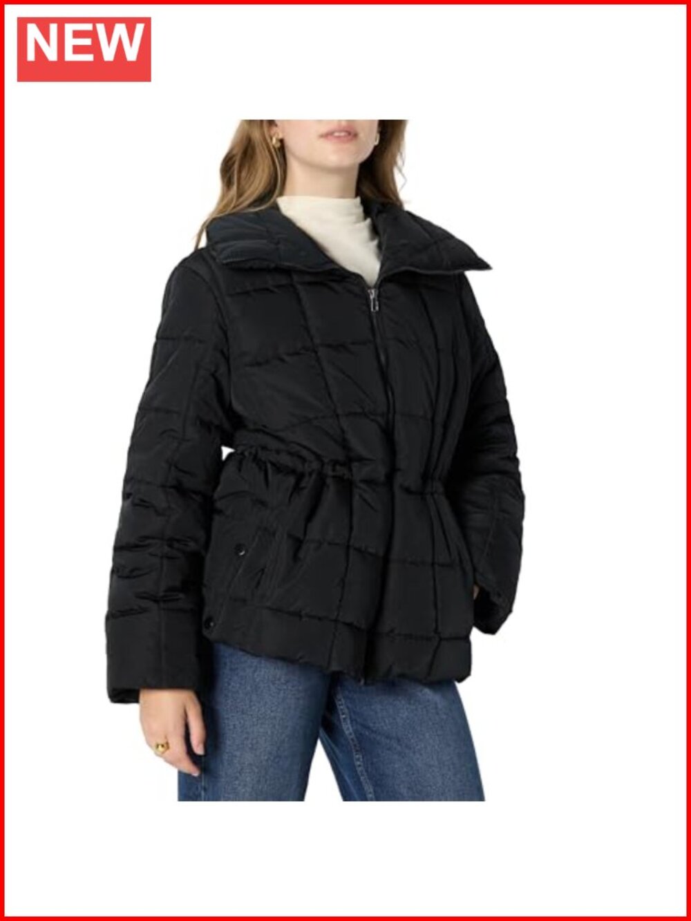 Oversized-Fit Square Quilted Puffer Jacket with Adjustable Waist, Zip Front,